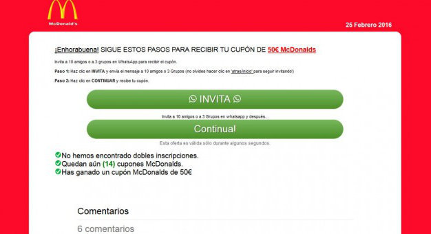 Tras completarla, desde la web se pide que se difunda masivamente la encuesta a través de WhatsApp para poder recibir el teórico vale