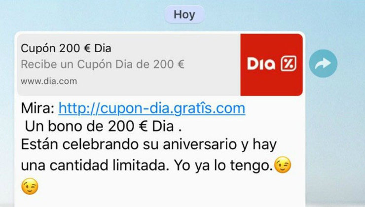 Mensaje falso de Dia que circula a través de WhatsApp