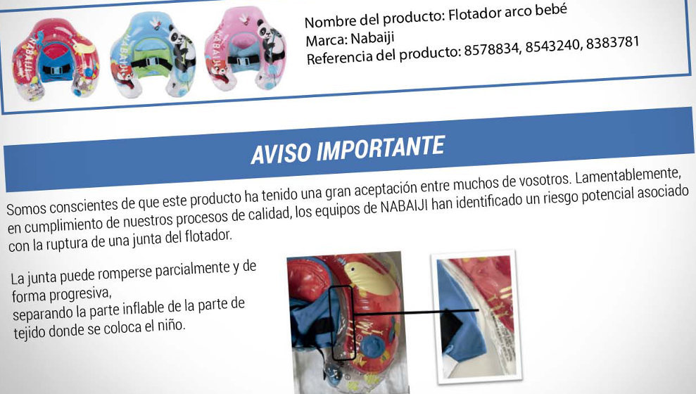 Mensaje de alerta de Decathlon por el riesgo de rotura del flotador infantil