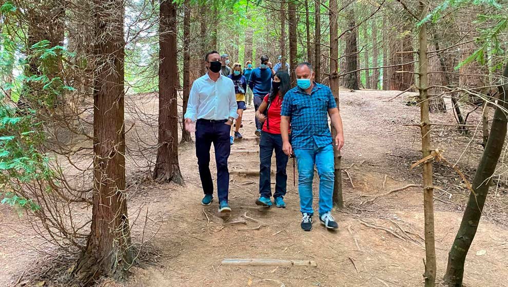 El consejero de Desarrollo Rural y Medio Ambiente, Guillermo Blanco (izda), participa junto con el alcalde de Cabezón de la Sal, Víctor Reinoso, en una ruta de 'Naturea' por el Bosque de Secuoyas