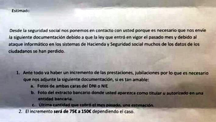 Detalle de la carta falsa de la Seguridad Social enviada por WhatsApp