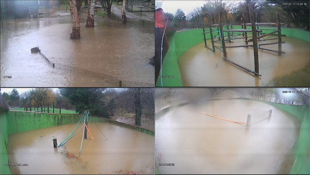 Vista de las instalaciones del Zoo de Santillana del Mar inundadas por la lluvia