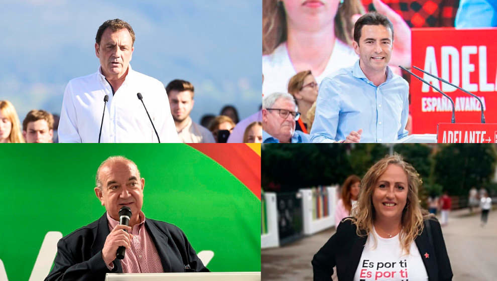 Los cabezas de lista al Congreso de los principales partidos en Cantabria. En la parte superior el candidato del PP, Félix de las Cuevas (izda), y el del PSOE, Pedro Casares, y en la parte inferior Emilio del Valle (Vox) y Carmen Martín (Sumar)