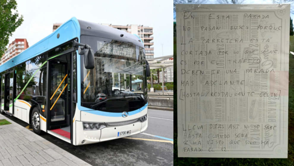 Autobus del TUS y cartel realizado por los vecinos de Nueva Montaña