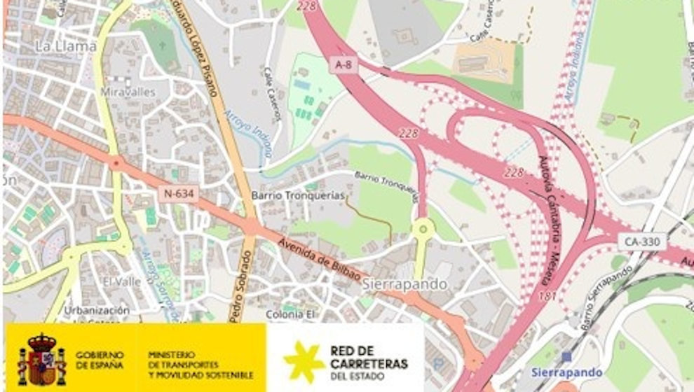 Parte del mapa de las autovías A-67 y A-8 a su paso por Torrelavega