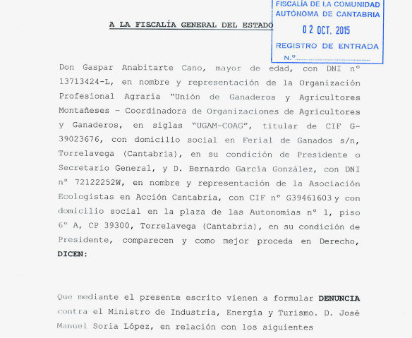 Denuncia de UGAM-COAG y Ecologistas en Acción Cantabria contra el ministro Soria
