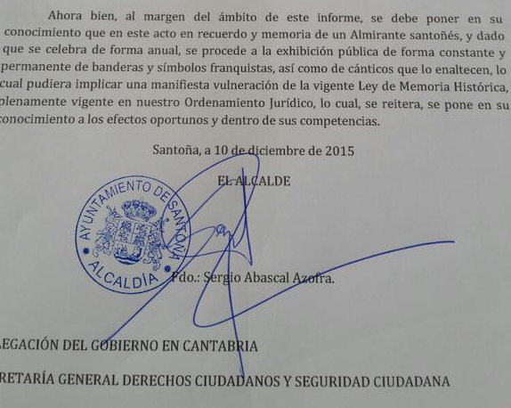Fragmento del escrito que el alcalde envió a la Delegación del Gobierno