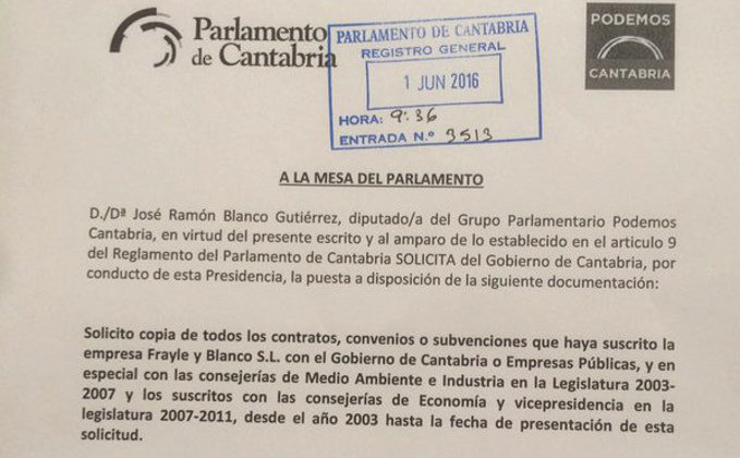 Escrito de solicitud de Podemos Cantabria sobre Fraile & Blanco
