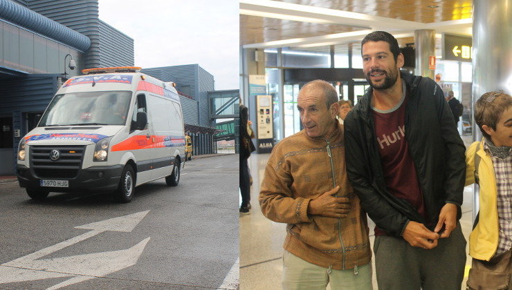 La ambulancia que traslada a Cristian Bosco del aeropuerto a Valdecilla, y el padre y amigo del joven cántabro a su llegada al Seve Ballesteros