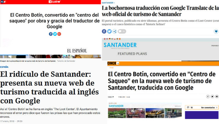 Titulares de medios de comunicación sobre la traducción de la web turística de Santander