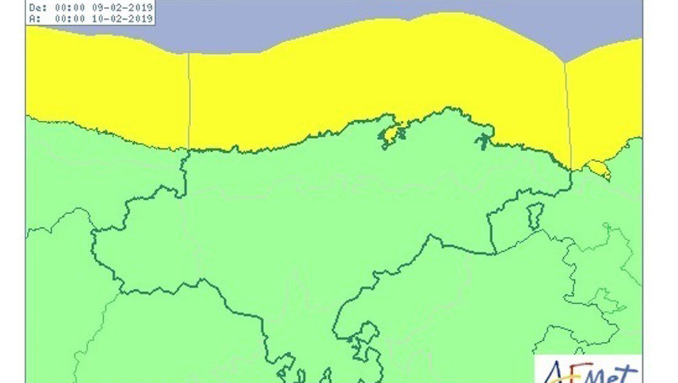 Mapa de aviso meteorológico por oleaje en Cantabria para el 9 de febrero de 2019