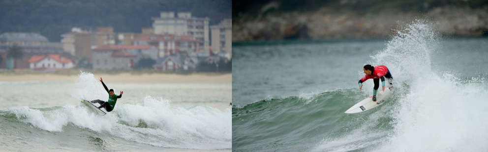 Los surfistas Gonzalo Gutiérrez y Ariane Ochoa, durante &#39;La Invernal&#39; de Laredo
