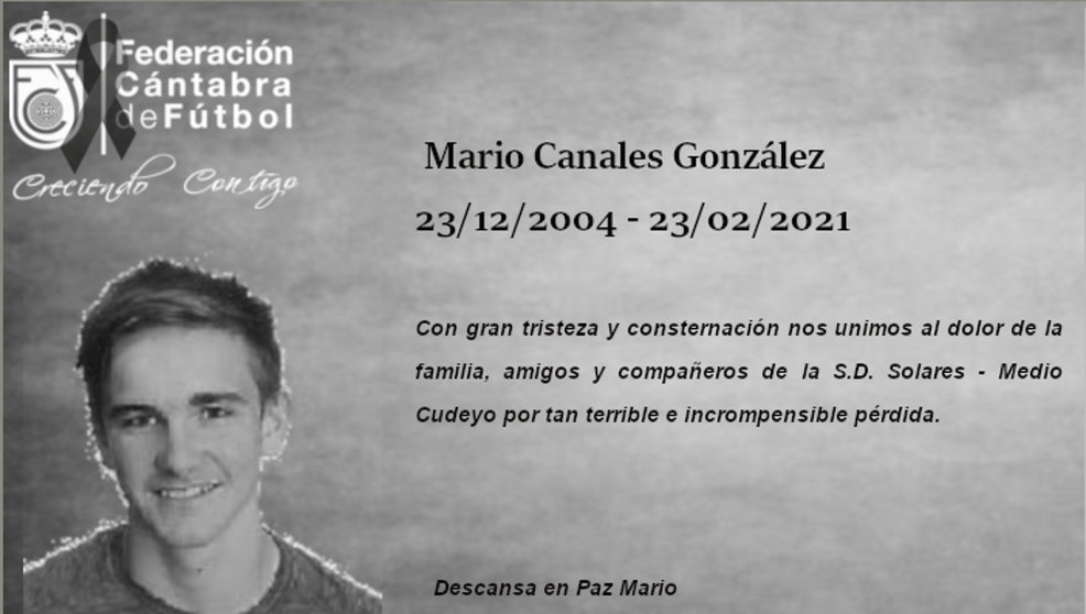 Obituario de la Federación Cántabra de Fútbol del joven Mario Canales