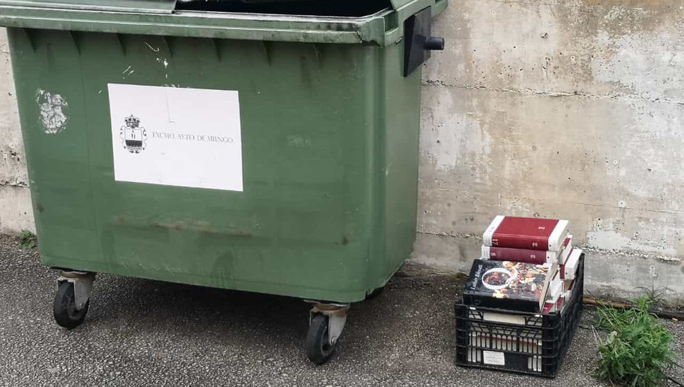 Libros junto a un contenedor de la basura en Miengo | Foto: J.C.