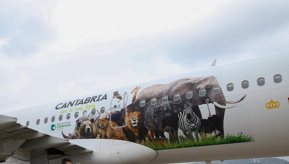 El avión de Iberia rotulado con la imagen de varios animales del Parque de Cabárceno llega al aeropuerto Seve Ballesteros de Santander.