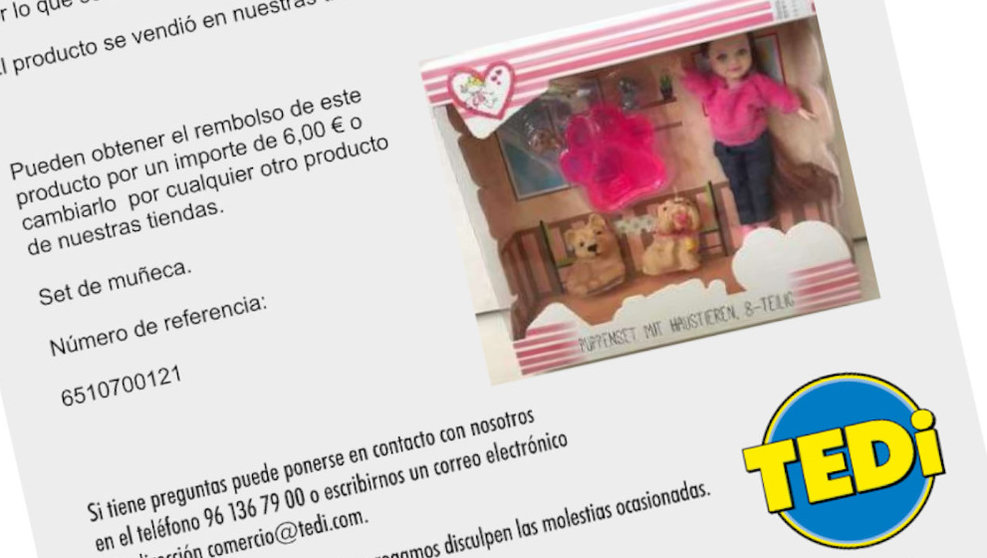 Comunicado de TEDI informando del riesgo del producto y una imagen de la muñeca