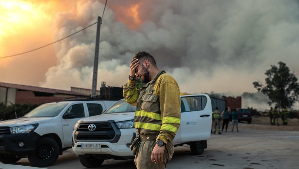 Un bombero llora en las inmediaciones del incendio de Losacio, Zamora (Castilla y León)