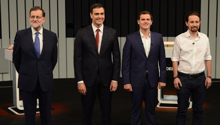 Mariano Rajoy, Pedro Sánchez, Albert Rivera y Pablo Iglesias, antes de comenzar el debate a cuatro