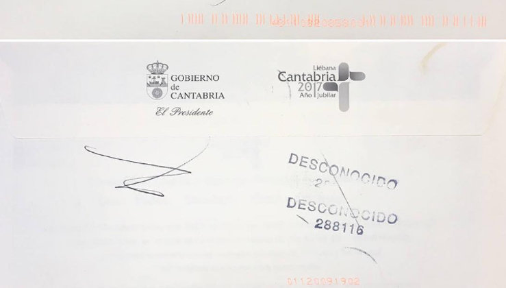 Carta devuelta al presidente de Cantabria, Miguel Ángel Revilla