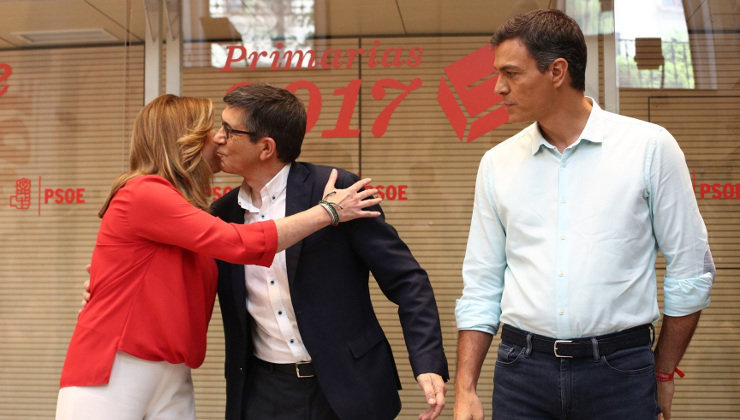 Susana Díaz, Patxi López y Pedro Sánchez, durante el debate de candidatos del PSOE