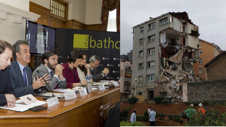 Guillermo Vega, en el centro de la foto de la izquierda, estaba acondicionando el local que ha provocado el derrumbe del edificio de la calle del Sol. Foto izq.: Patricia Pereda