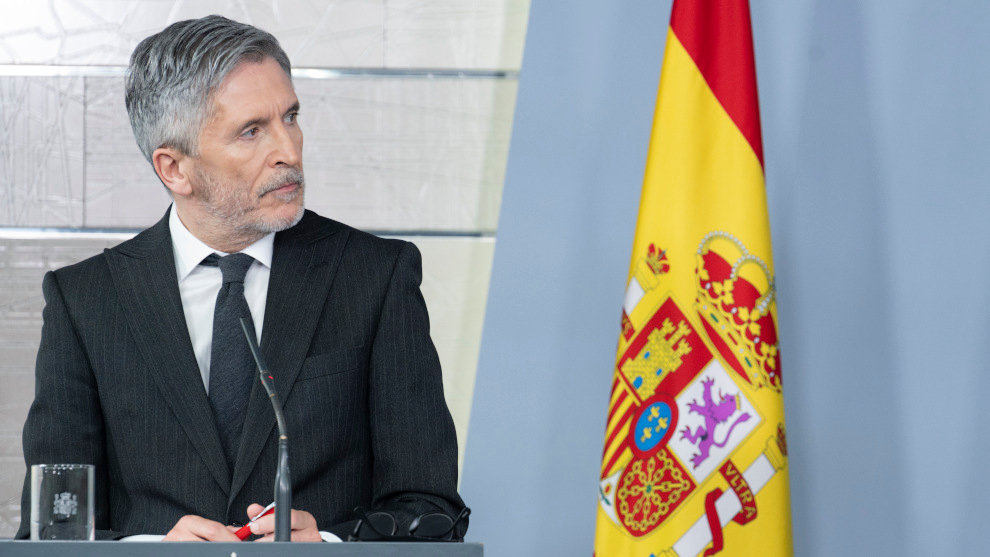 El ministro del Interior, Fernando Grande-Marlaska, durante una rueda de prensa en relación al coronavirus, en Moncloa