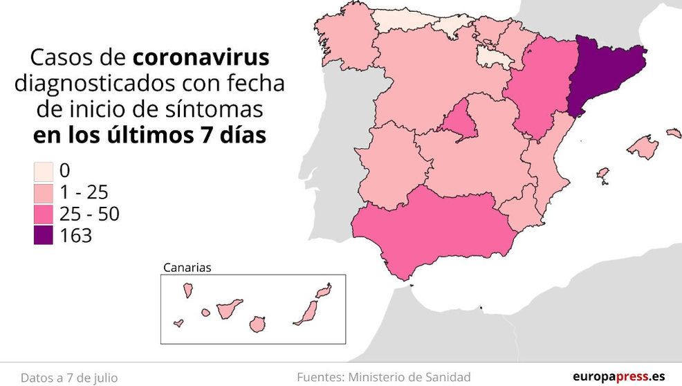 Mapa con casos de coronavirus diagnosticados con fecha de inicio de síntomas en los últimos siete días en España a 7 de julio