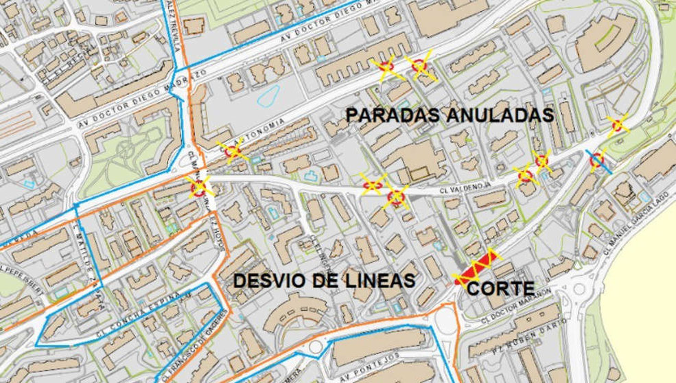 Desvíos de líneas y paradas anuladas en la Avenida del Faro de Santander