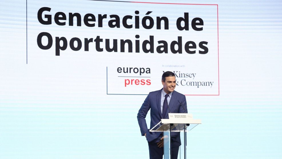 El presidente del Gobierno, Pedro Sánchez; interviene en el encuentro del foro 'Generación de Oportunidades'