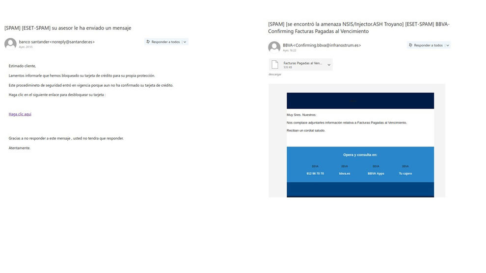Capturas de pantalla de los emails fraudulentos que tratan de suplantar a Banco Santander y BBVA, identificados por Eset