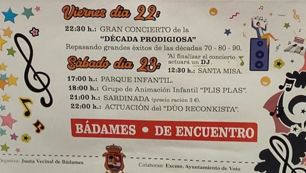 Parte del cartel de las fiestas de Santiago de Bádames