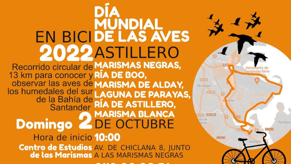 Cartel de la ruta en bicicleta por los humedales organizada en Astillero para el 2 de octubre por el Día de las Aves