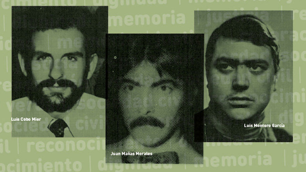 Detalle del cartel del homenaje del Parlamento en 2018 a las tres víctimas del caso Almería