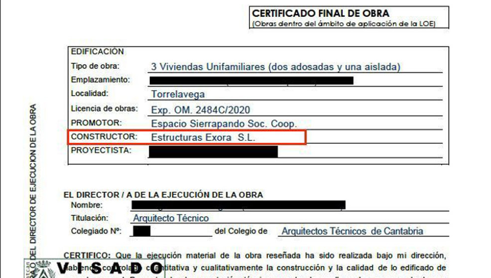 Certificado de final de obra de la vivienda de Javier López Estrada