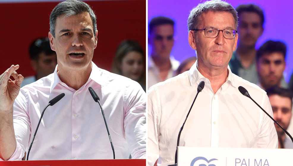 El presidente del Gobierno y líder del PSOE, Pedro Sánchez, y el líder del PP, Alberto Núñez Feijóo, durante sendos actos de campaña