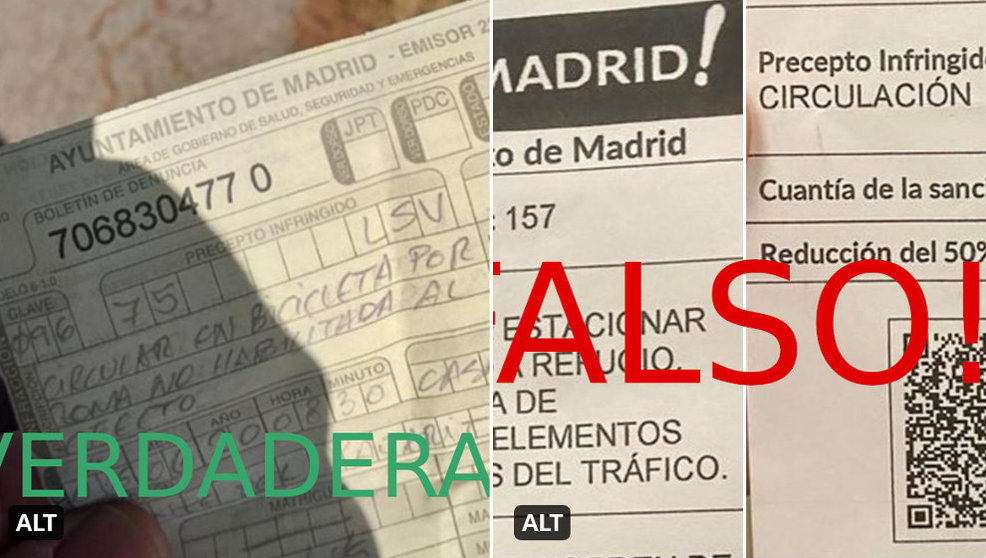 Comparación de multa verdadera y falsa de la Comunidad de Madrid | Foto: Policía Municipal de Madrid