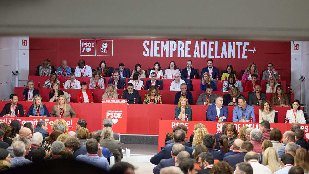 Ministros y militantes del PSOE, durante la reunión del Comité Federal, en la sede del PSOE, a 28 de octubre de 2023, en Madrid