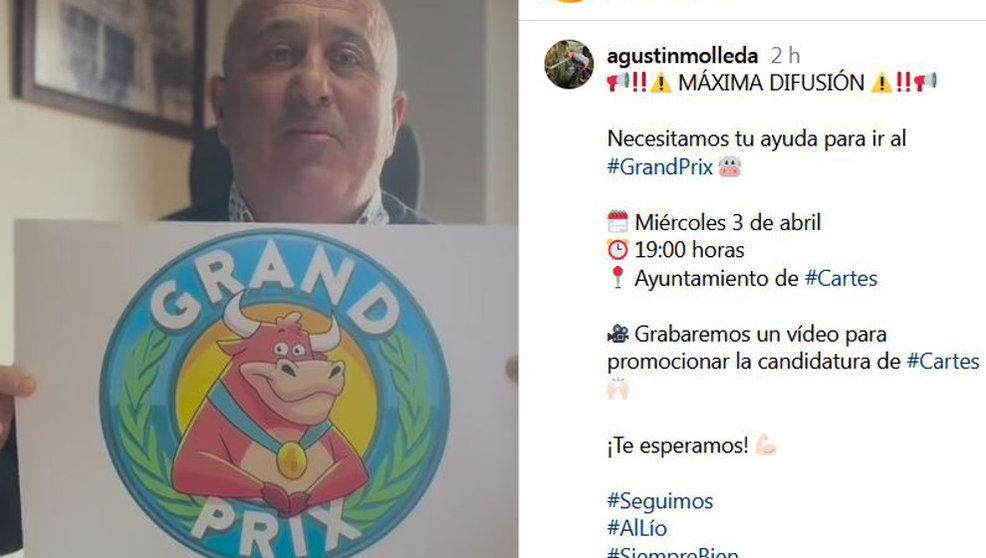 Captura del vídeo del alcalde de Cartes, Agustín Molleda, anunciando el vídeo para concursar en el Grand Prix
