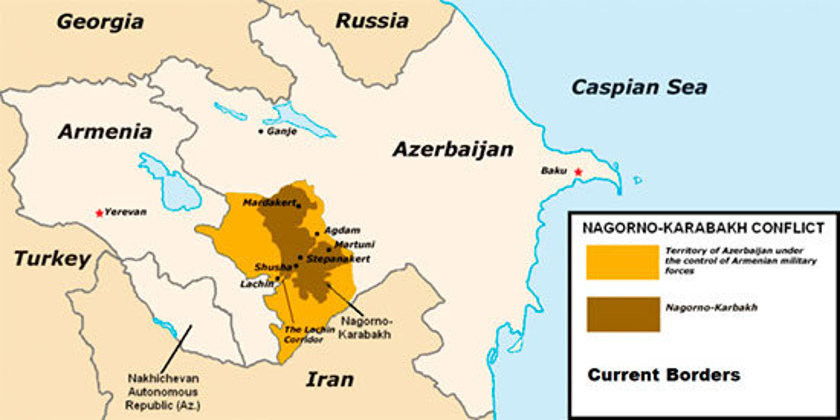 Mapa de Nagorno Karabaj. [Conflicto de Nagorno-Karabaj. Fronteras actuales. Amarillo: Territorio de Azerbaiyán bajo el control de las fuerzas militares armenias. Marrón: Nagorno Karabaj.]