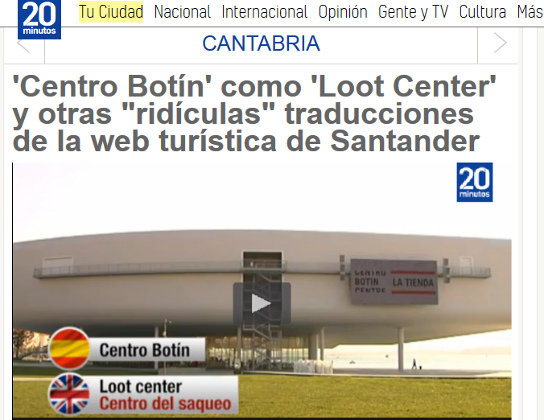 Titular de 20 minutos sobre los errores de traducción de la web de turismo de Santander