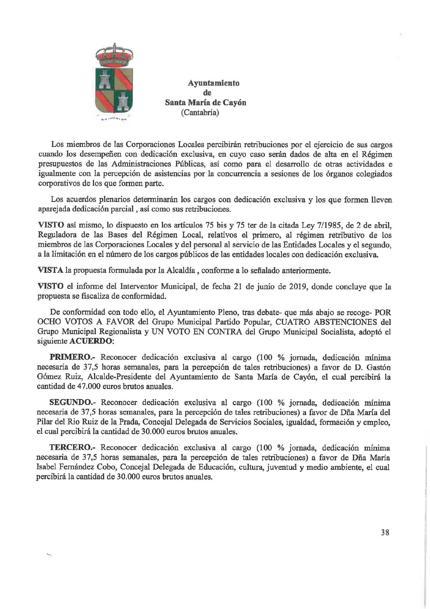 Página del acta del pleno de 2019 en el que se detallan los concejales liberados de Santa María de Cayón